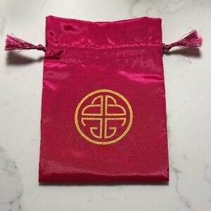 BUDHAGIRL Empty Pink Satin Drawstring Jewelry Pouch with Gold Motif 5”x6.5”